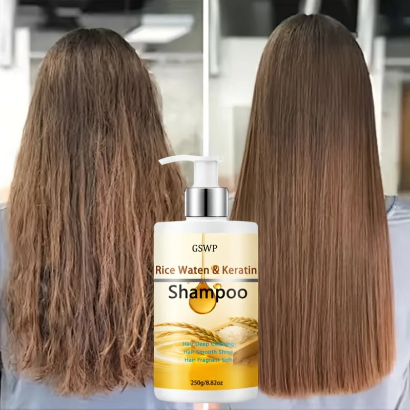 Champú de queratina con agua de arroz GSWP: repara profundamente y deja el cabello suave y brillante, reduciendo los enredos y las puntas abiertas. 250/500 g