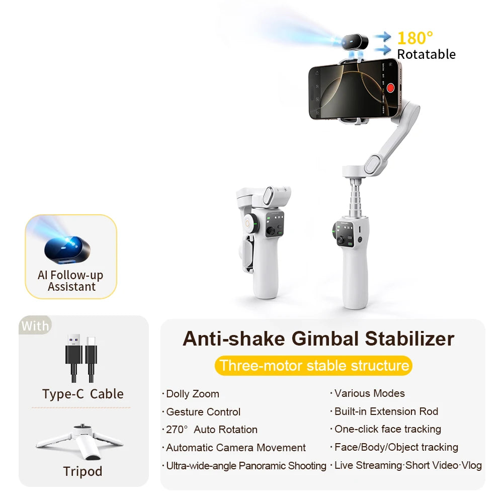 Estabilizador de cardán de mano de 3 ejes AOCHUAN Smart V8 con trípode de extensión y seguimiento facial para iPhone y Android, ideal para transmisiones en vivo y vlogs.