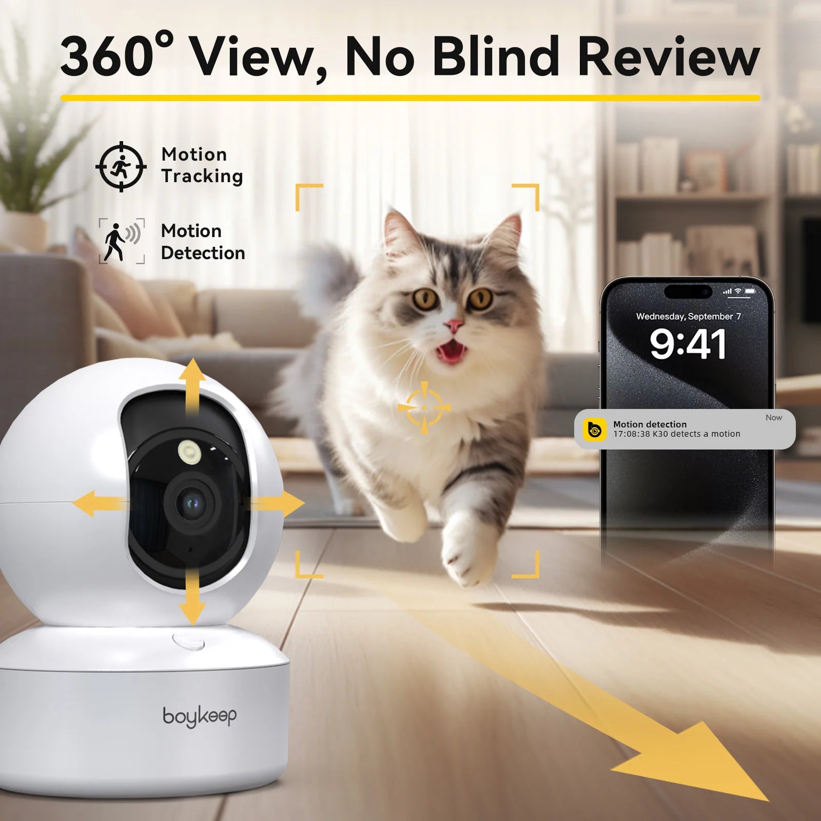 Cámara de seguridad para mascotas Boykeep 2K con aplicación para teléfono, WiFi 5G/2.4GHz para interiores, giro e inclinación de 360°, audio bidireccional, visión nocturna.