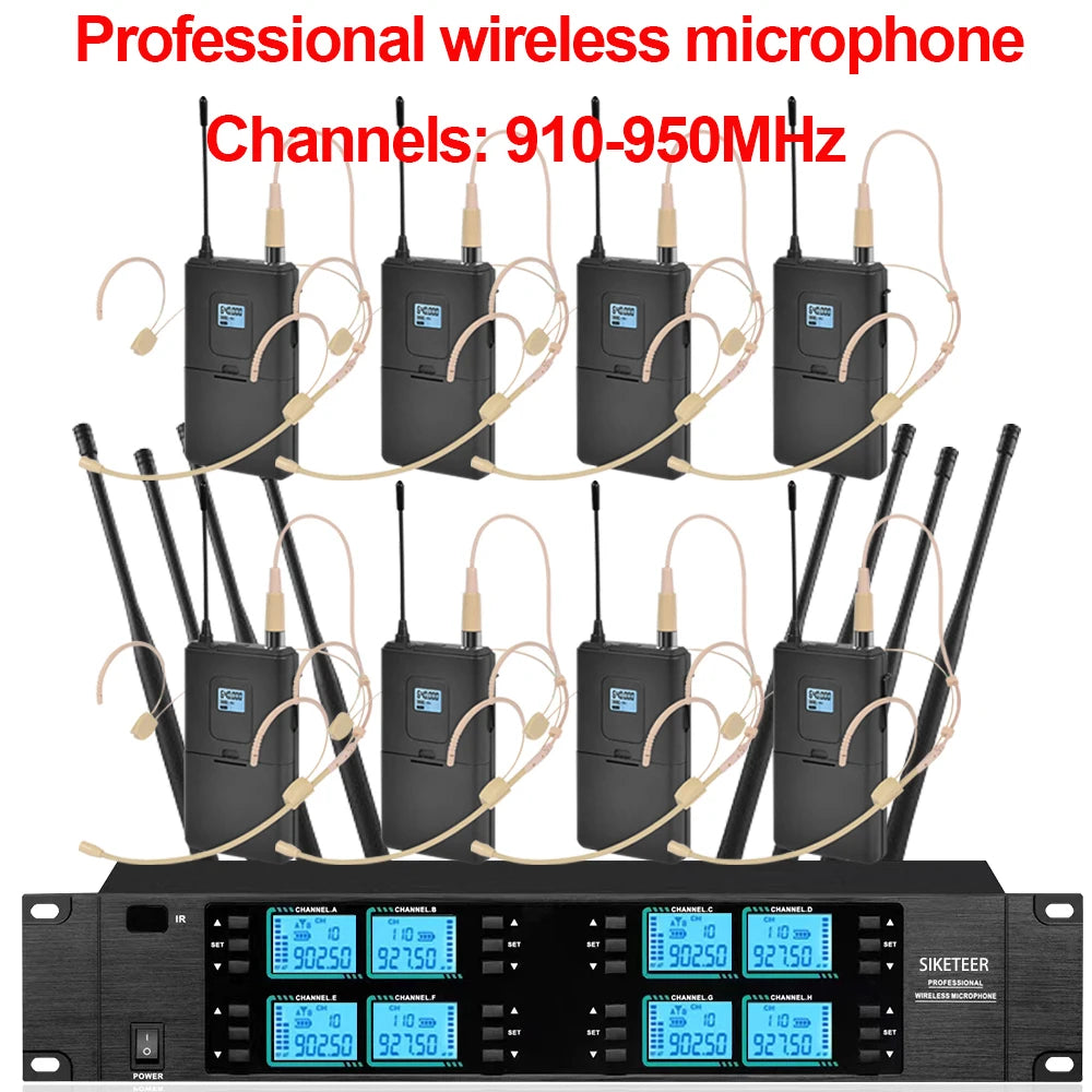 Micrófono inalámbrico de 8 canales, 910-950 MHz, de mano, ideal para bodas, iglesias y actuaciones en escenarios.