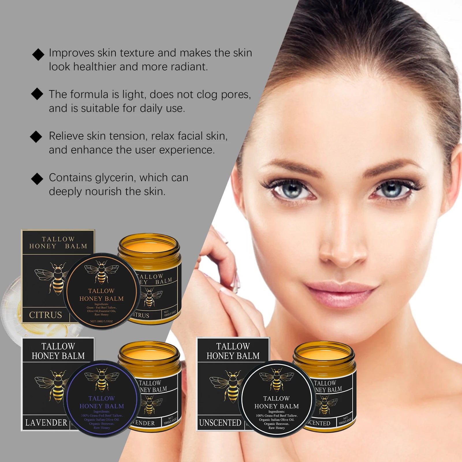 Crema facial de sebo de res, bálsamo de miel cruda orgánica para el cuidado de la piel, iluminador, hidratante corporal natural batido de vacas alimentadas con pasto, loción hidratante.