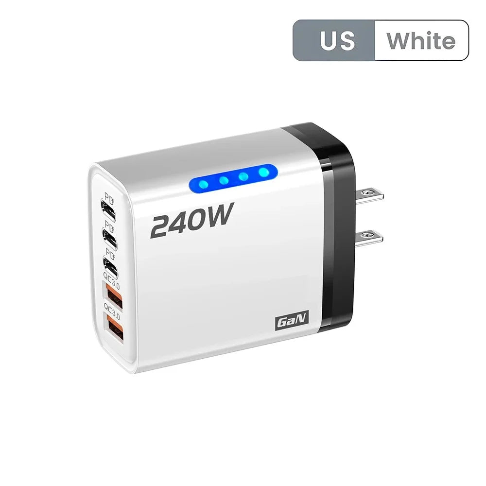 Cargador USB C GaN de 240 W, 5 en 1, cargador de teléfono de carga rápida, adaptador de corriente para iPhone, Samsung, Xiaomi, tipo C, enchufe UE/EE. UU.