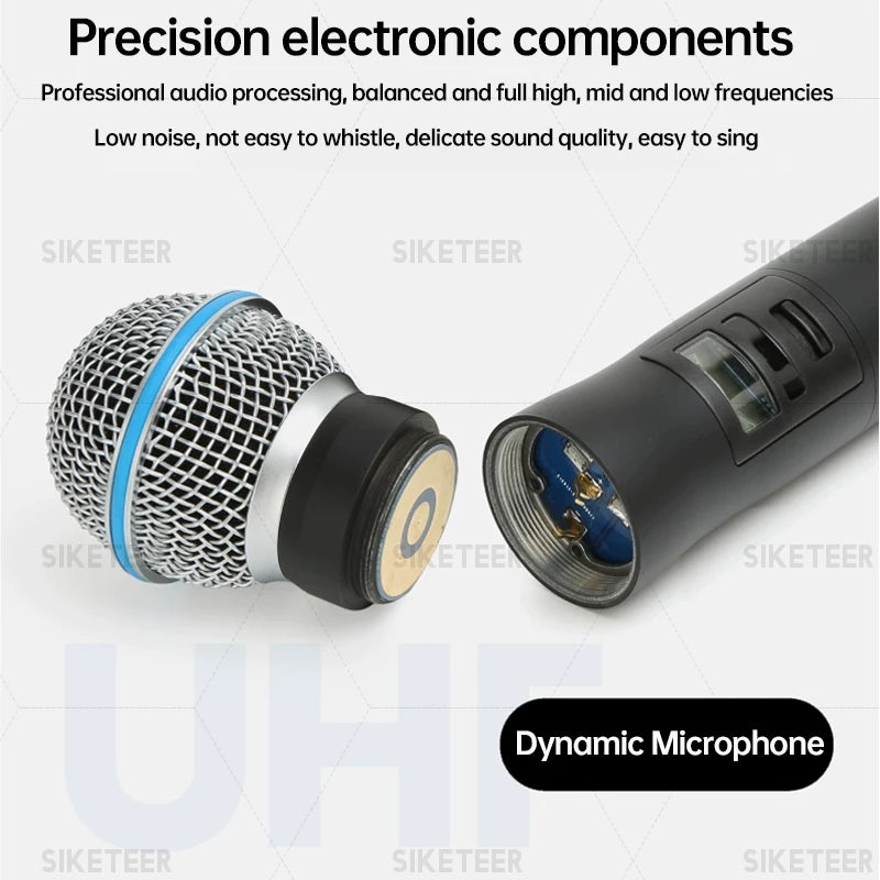 Micrófono inalámbrico UHF profesional, de mano, tipo solapa, con carcasa metálica, ideal para bodas y escenarios.