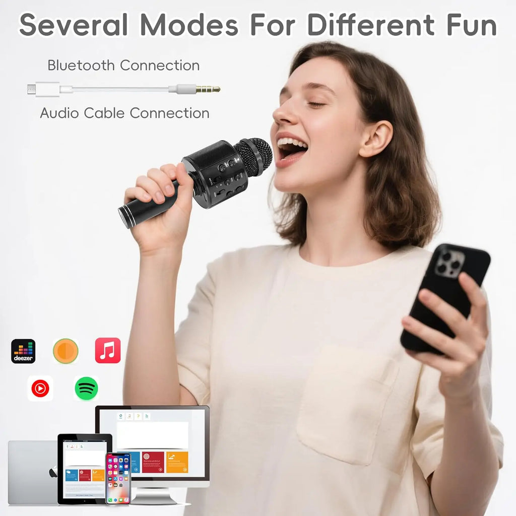 Micrófono de karaoke inalámbrico Bluetooth para niños y adultos, altavoz portátil 5 en 1 con radio FM y grabadora.