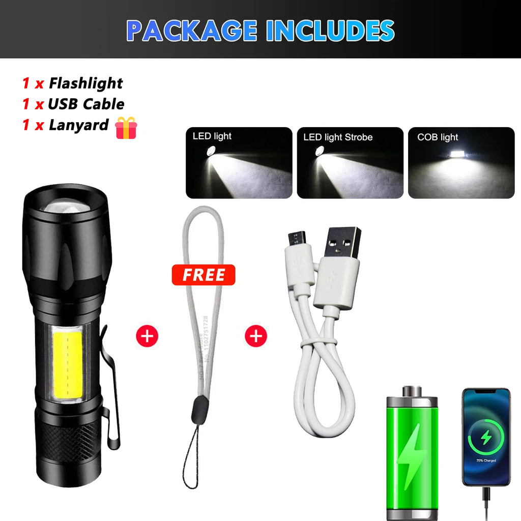 Linterna LED de alta potencia de 2000 lúmenes, linterna táctica con luz de visualización, carga USB, ideal para camping, pesca y emergencias.