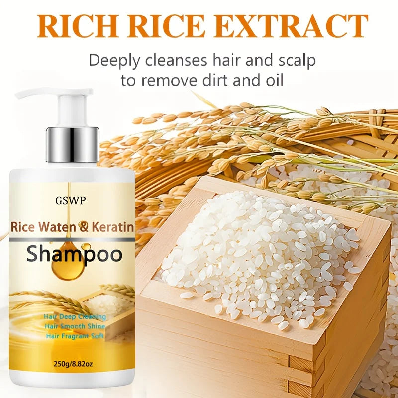 Champú de queratina con agua de arroz GSWP: repara profundamente y deja el cabello suave y brillante, reduciendo los enredos y las puntas abiertas. 250/500 g