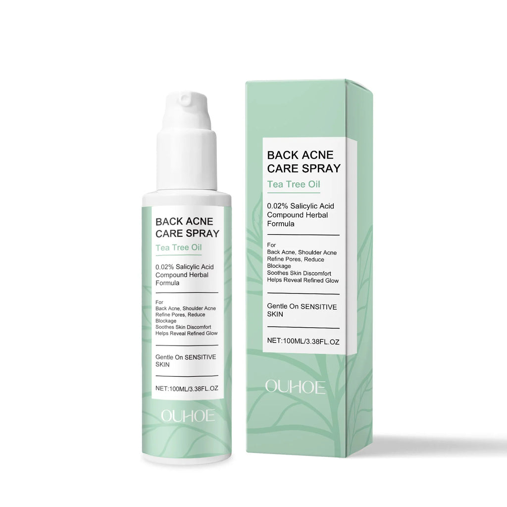 Spray para el acné de espalda con ácido salicílico y aceite natural de árbol de té. Limpia, reduce los poros, controla la grasa, repara y elimina las marcas de acné. Spray para el cuidado de la piel corporal.