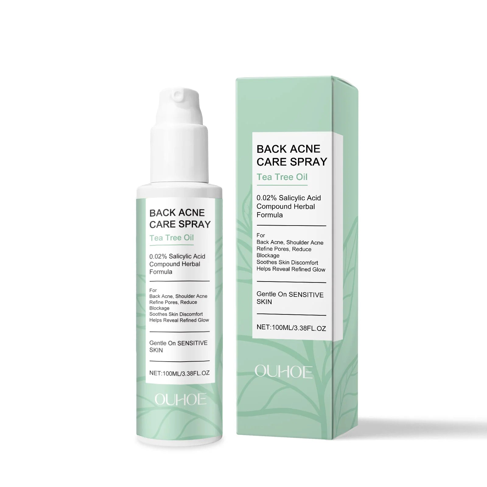 Spray para el acné de espalda con ácido salicílico y aceite natural de árbol de té. Limpia, reduce los poros, controla la grasa, repara y elimina las marcas de acné. Spray para el cuidado de la piel corporal.