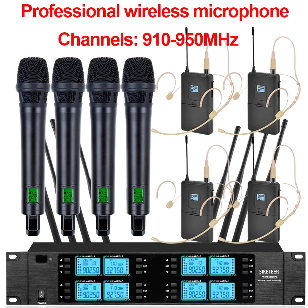 Micrófono inalámbrico de 8 canales, 910-950 MHz, de mano, ideal para bodas, iglesias y actuaciones en escenarios.