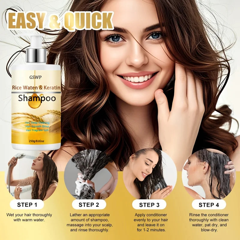 Champú de queratina con agua de arroz GSWP: repara profundamente y deja el cabello suave y brillante, reduciendo los enredos y las puntas abiertas. 250/500 g