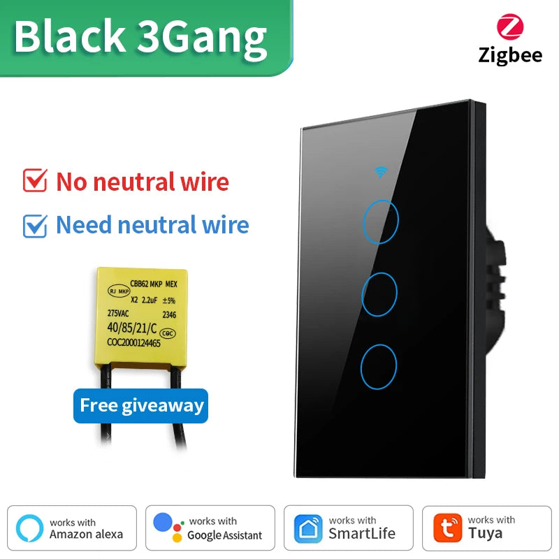 Interruptor de luz inteligente TNCE Tuya WiFi/Zigbee, con o sin cable neutro, interruptor táctil de pared compatible con Alexa y Google Home.
