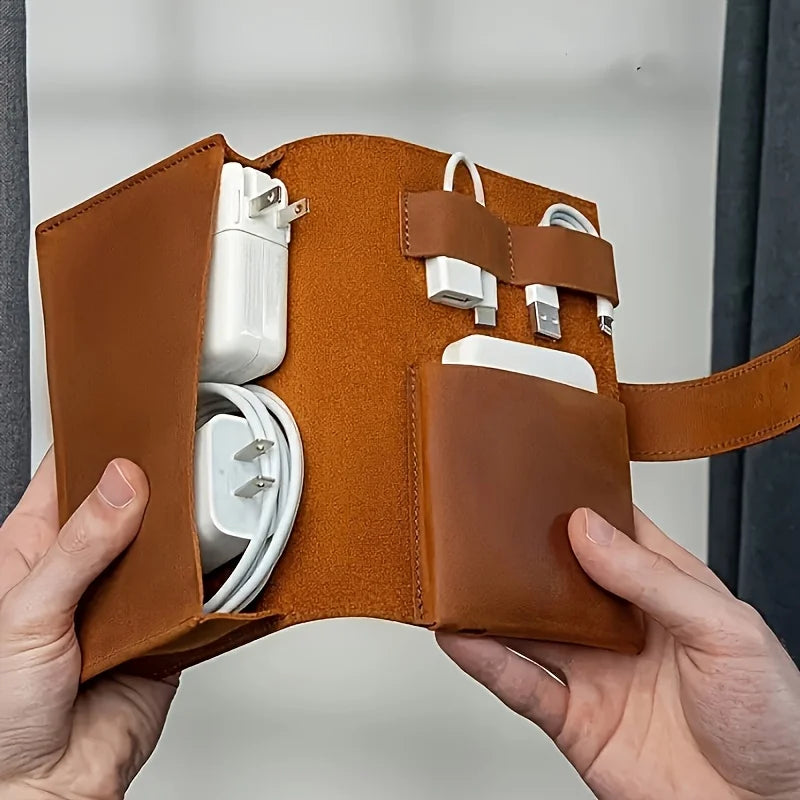 1 organizador multicompartimento de cuero sintético PU - Estuche portátil para accesorios escolares y tecnológicos para cables, cargadores y bolígrafos - Almacenamiento de viaje duradero