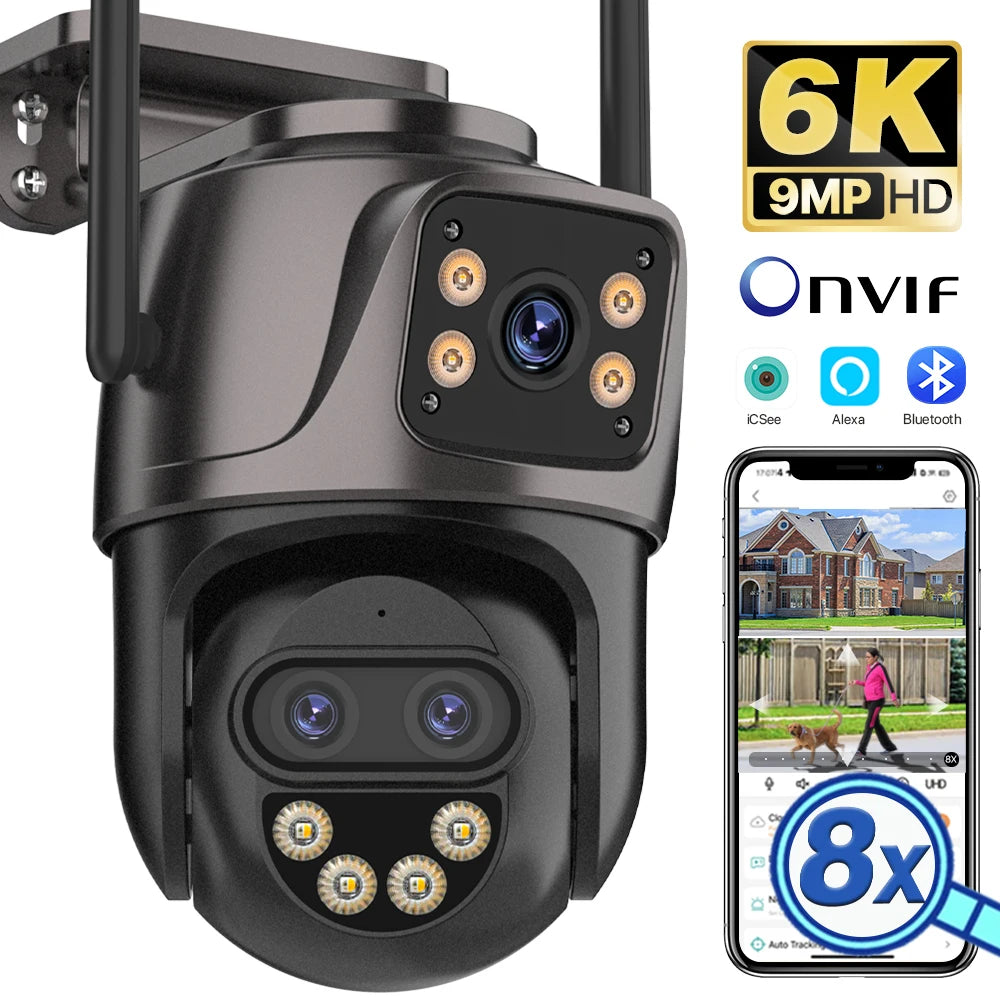 Cámara IP HD 6K 9MP para exteriores, cámara WiFi externa de tres lentes, pantalla dual 4K/2K, cámara de seguridad PTZ con seguimiento automático y vigilancia iCSee