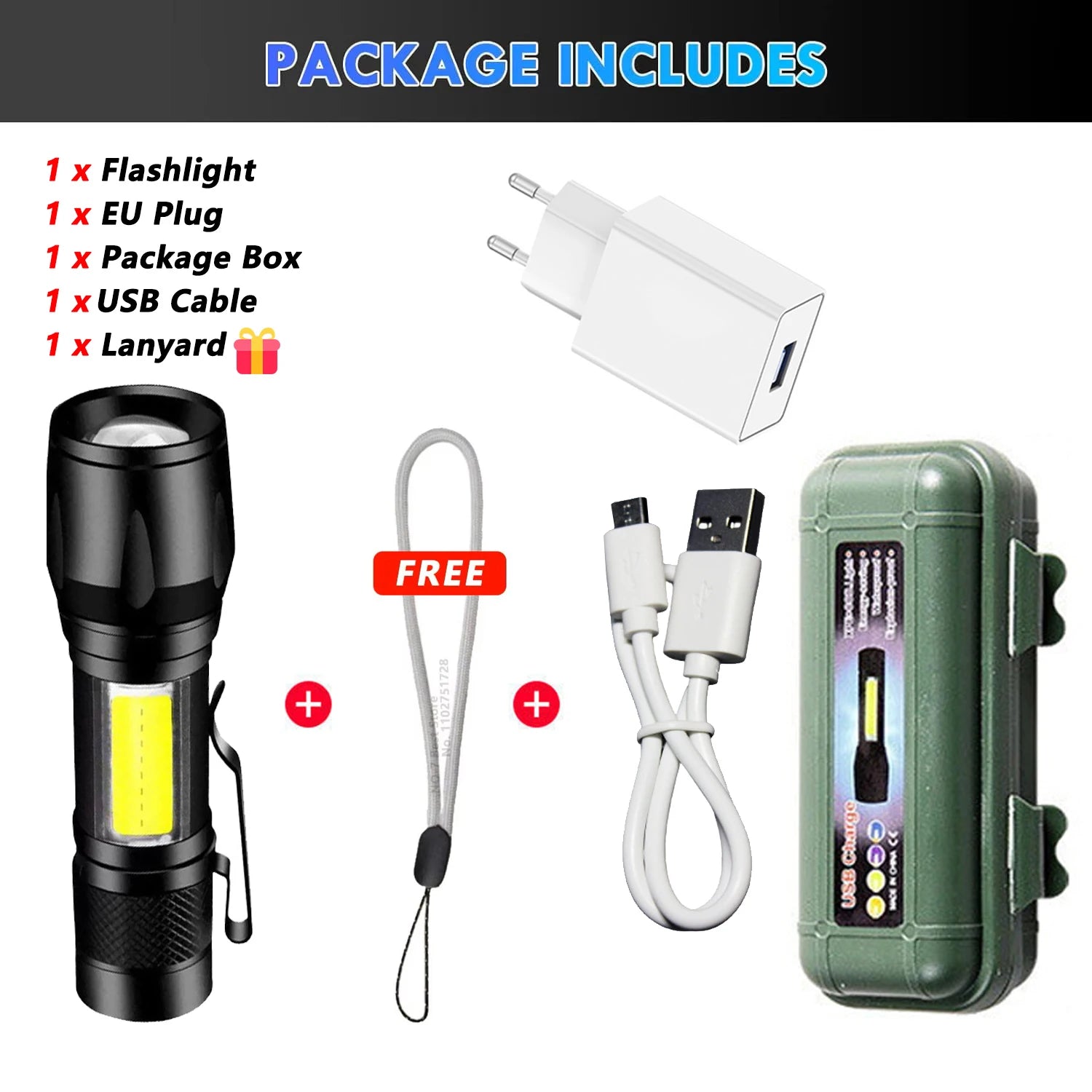 Linterna LED de alta potencia de 2000 lúmenes, linterna táctica con luz de visualización, carga USB, ideal para camping, pesca y emergencias.