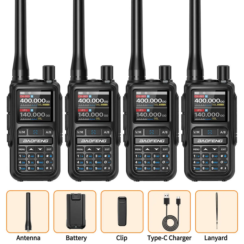 Paquete de 4 walkie-talkies BAOFENG UV-5R MINI Bluetooth programables, radioaficionados, portátiles, de largo alcance, tipo C, doble PTT, multibanda.