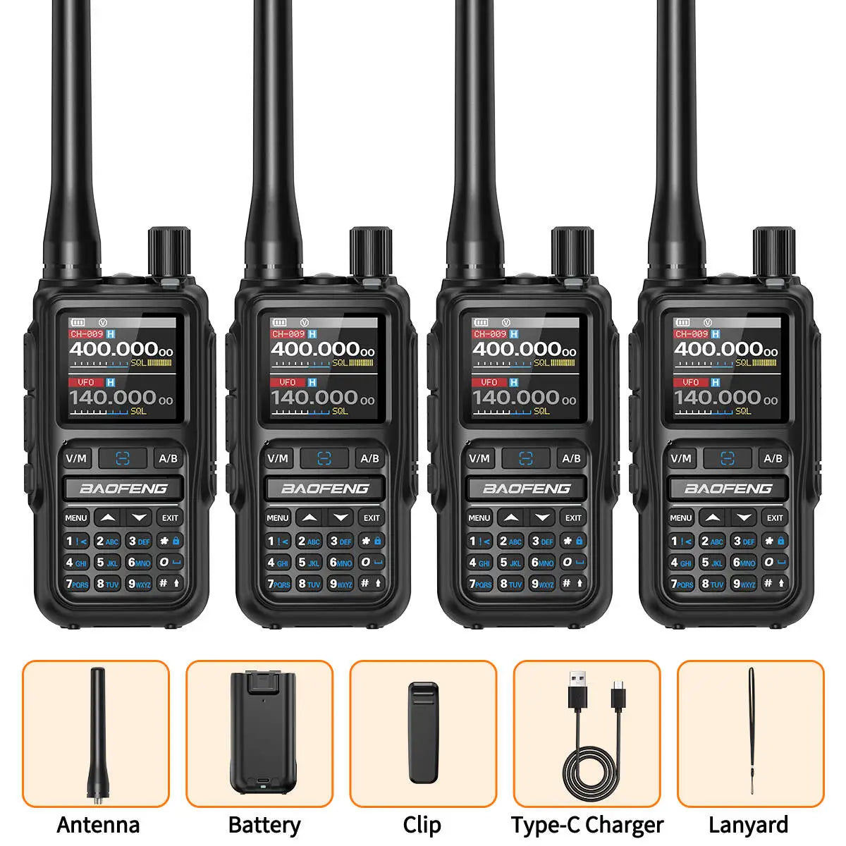 Paquete de 4 walkie-talkies BAOFENG UV-5R MINI Bluetooth programables, radioaficionados, portátiles, de largo alcance, tipo C, doble PTT, multibanda.