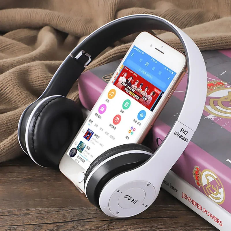 Auriculares Bluetooth plegables inalámbricos con micrófono y control de volumen para iPhone y Android.