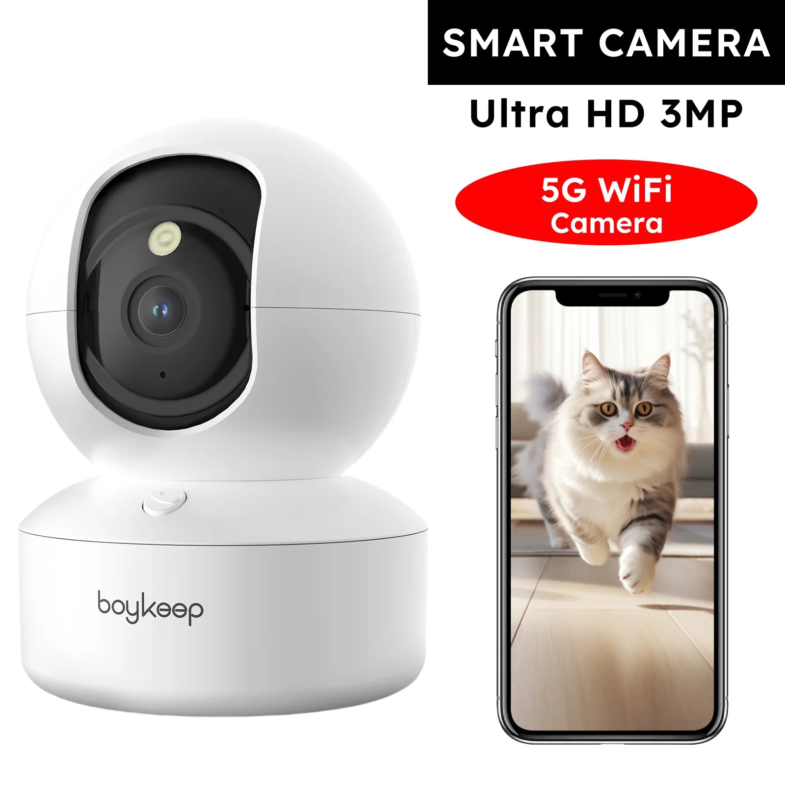 Cámara de seguridad para mascotas Boykeep 2K con aplicación para teléfono, WiFi 5G/2.4GHz para interiores, giro e inclinación de 360°, audio bidireccional, visión nocturna.
