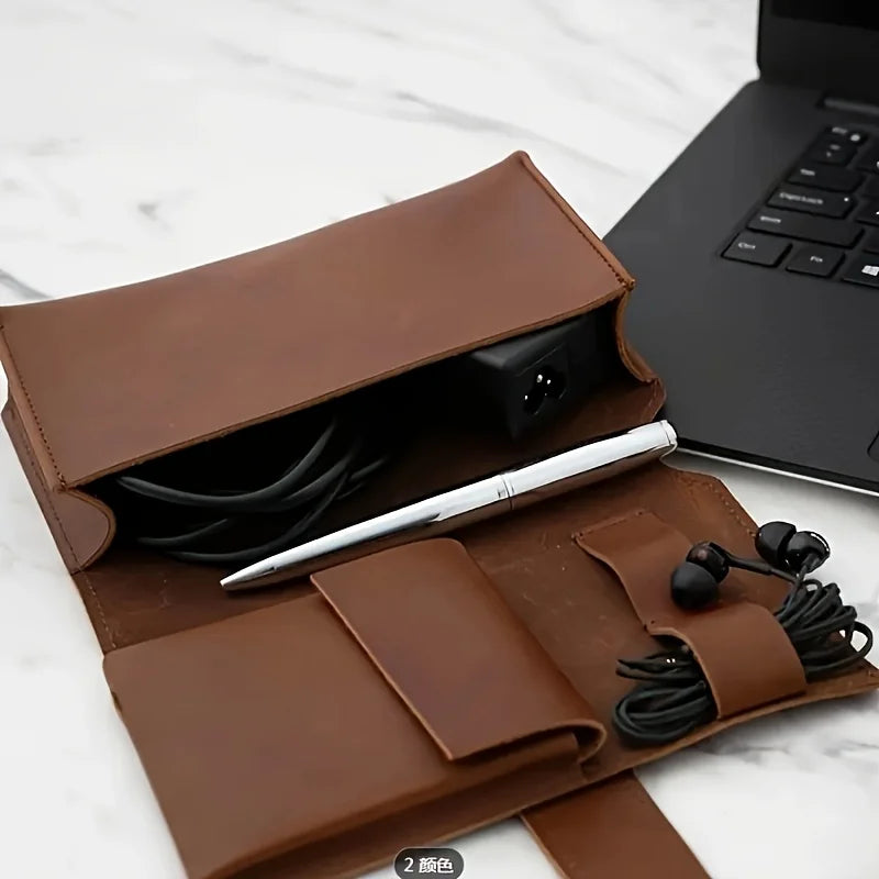 1 organizador multicompartimento de cuero sintético PU - Estuche portátil para accesorios escolares y tecnológicos para cables, cargadores y bolígrafos - Almacenamiento de viaje duradero