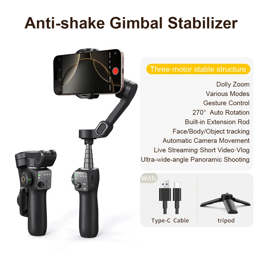 Estabilizador de cardán de mano de 3 ejes AOCHUAN Smart V8 con trípode de extensión y seguimiento facial para iPhone y Android, ideal para transmisiones en vivo y vlogs.