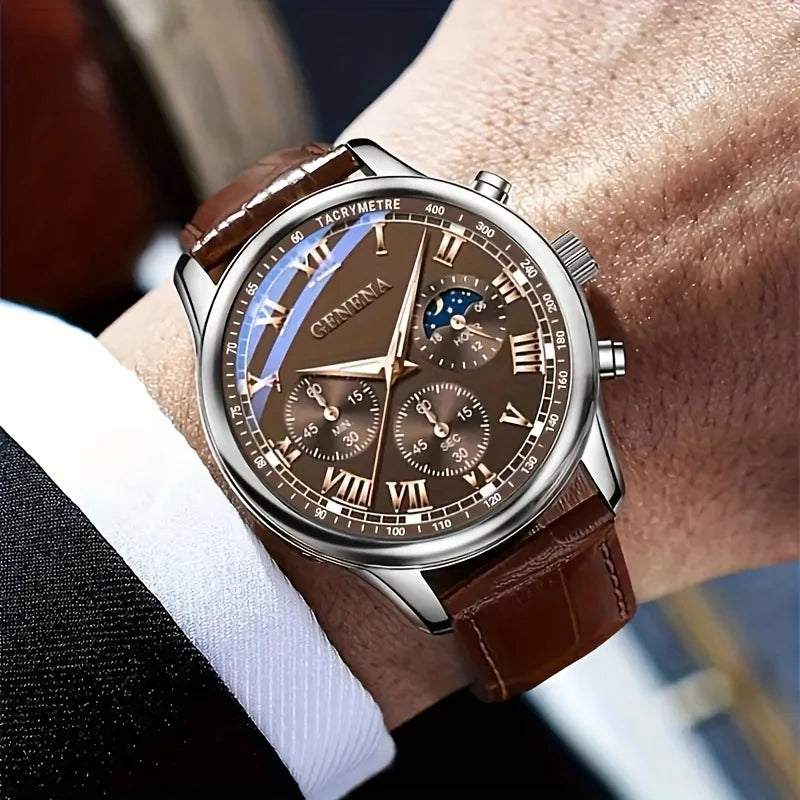 Reloj de pulsera analógico de cuarzo para hombre, de lujo, con correa de cuero y esfera redonda.