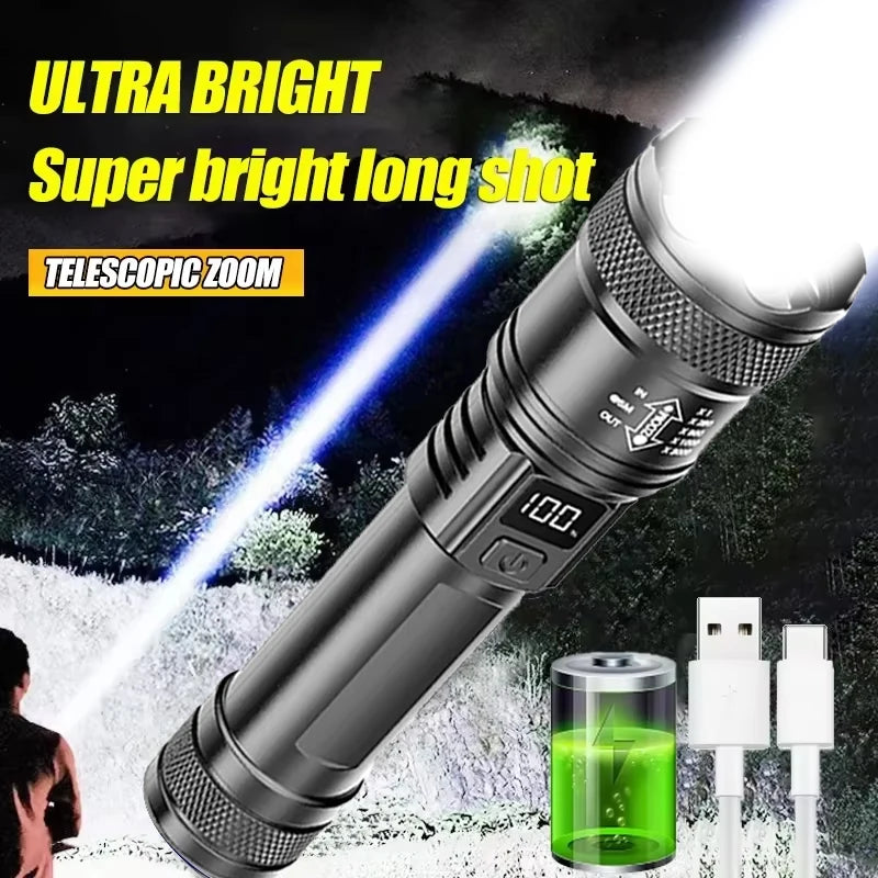 Linterna LED de alta potencia de 2000 lúmenes, linterna táctica con luz de visualización, carga USB, ideal para camping, pesca y emergencias.