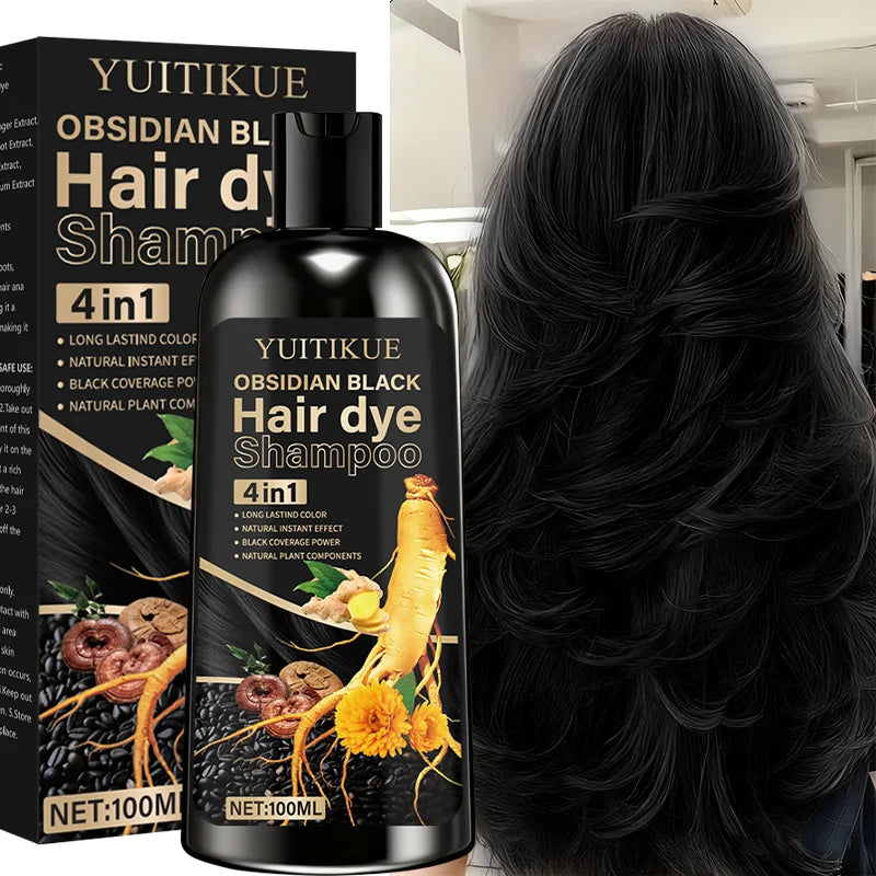 Champú tinte para el cabello negro obsidiana 4 en 1, color duradero, efecto natural instantáneo, cobertura negra, ingredientes vegetales naturales.