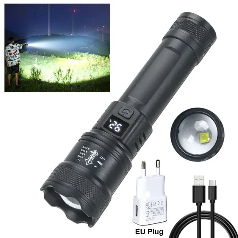 Linterna LED de alta potencia de 2000 lúmenes, linterna táctica con luz de visualización, carga USB, ideal para camping, pesca y emergencias.