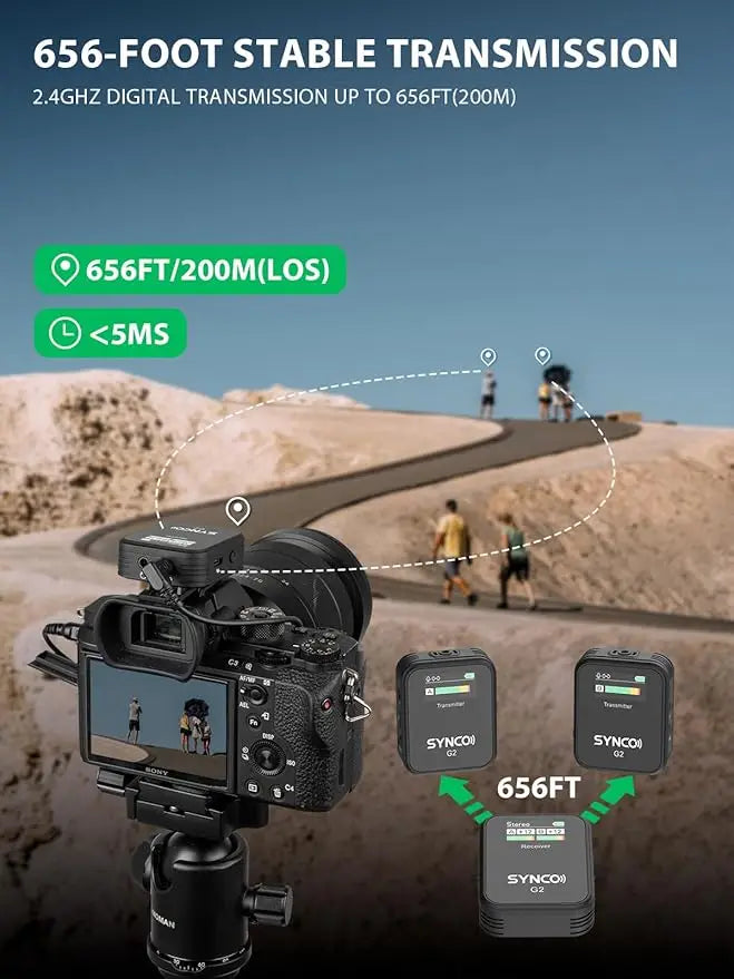 Micrófono de solapa inalámbrico SYNCO, G2(A2) 2.4G con transmisor dual, 48 kHz, 24 bits, 656 pies (8 horas) de alcance para clases en línea y vlogs.