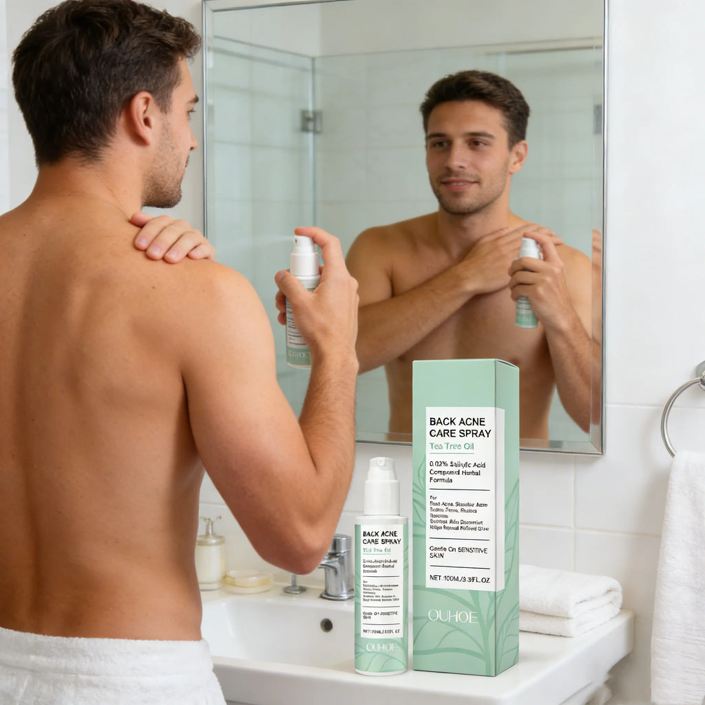 Spray para el acné de espalda con ácido salicílico y aceite natural de árbol de té. Limpia, reduce los poros, controla la grasa, repara y elimina las marcas de acné. Spray para el cuidado de la piel corporal.