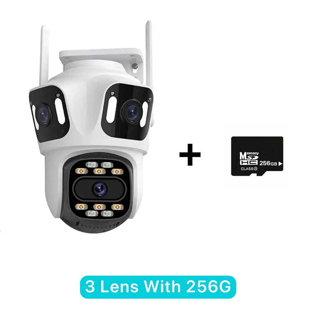 Cámara IP PTZ de tres lentes para exteriores, HD, con tres pantallas, WiFi, seguimiento automático y doble lente, CCTV inalámbrica iCsee
