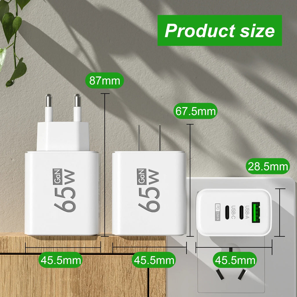 Cargador rápido GaN PD 3 en 1 para iPhone 15, Samsung, Huawei y Xiaomi: adaptador de carga rápida con puertos USB tipo C y USB.