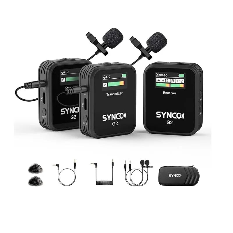 Micrófono de solapa inalámbrico SYNCO, G2(A2) 2.4G con transmisor dual, 48 kHz, 24 bits, 656 pies (8 horas) de alcance para clases en línea y vlogs.