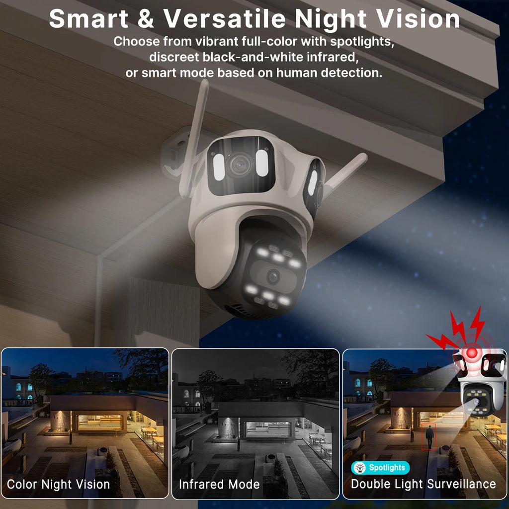 Cámara IP PTZ de tres lentes para exteriores, HD, con tres pantallas, WiFi, seguimiento automático y doble lente, CCTV inalámbrica iCsee