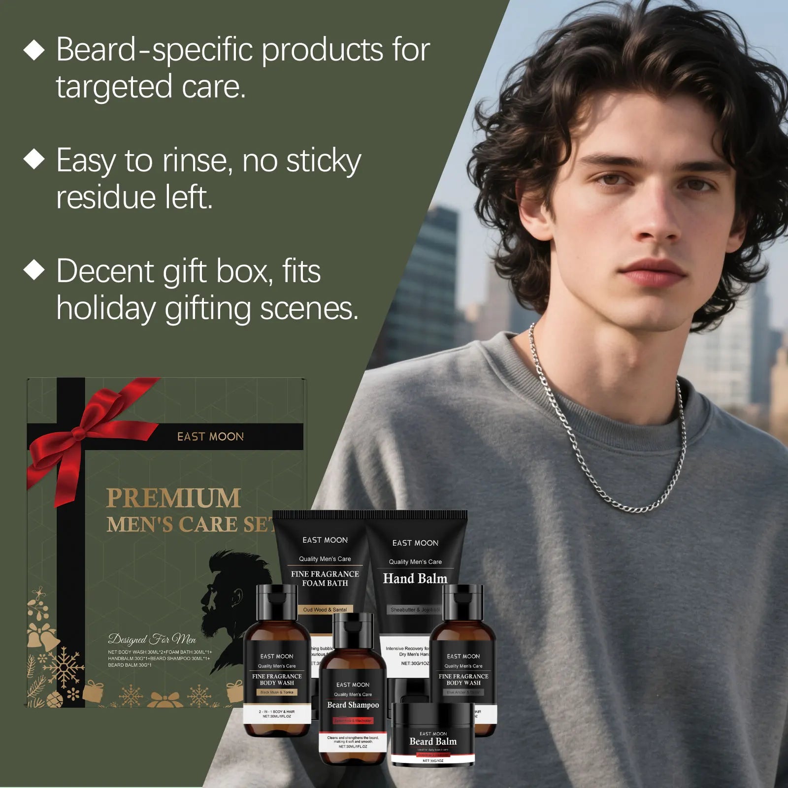Set de cuidado personal para hombre: champú y bálsamo para barba, gel de ducha, bálsamo para manos. Set de regalo de Navidad para hombre. Caja de cuidado nutritivo para la piel.