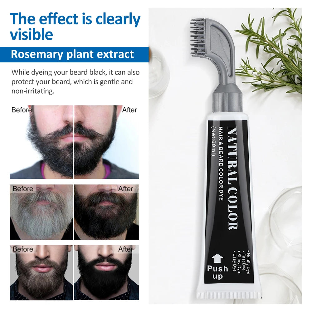 1 juego de crema para teñir la barba negra en 3 minutos con peine, 80 ml, champú de romero natural para teñir la barba negra, crema de tinte instantáneo para el cabello.