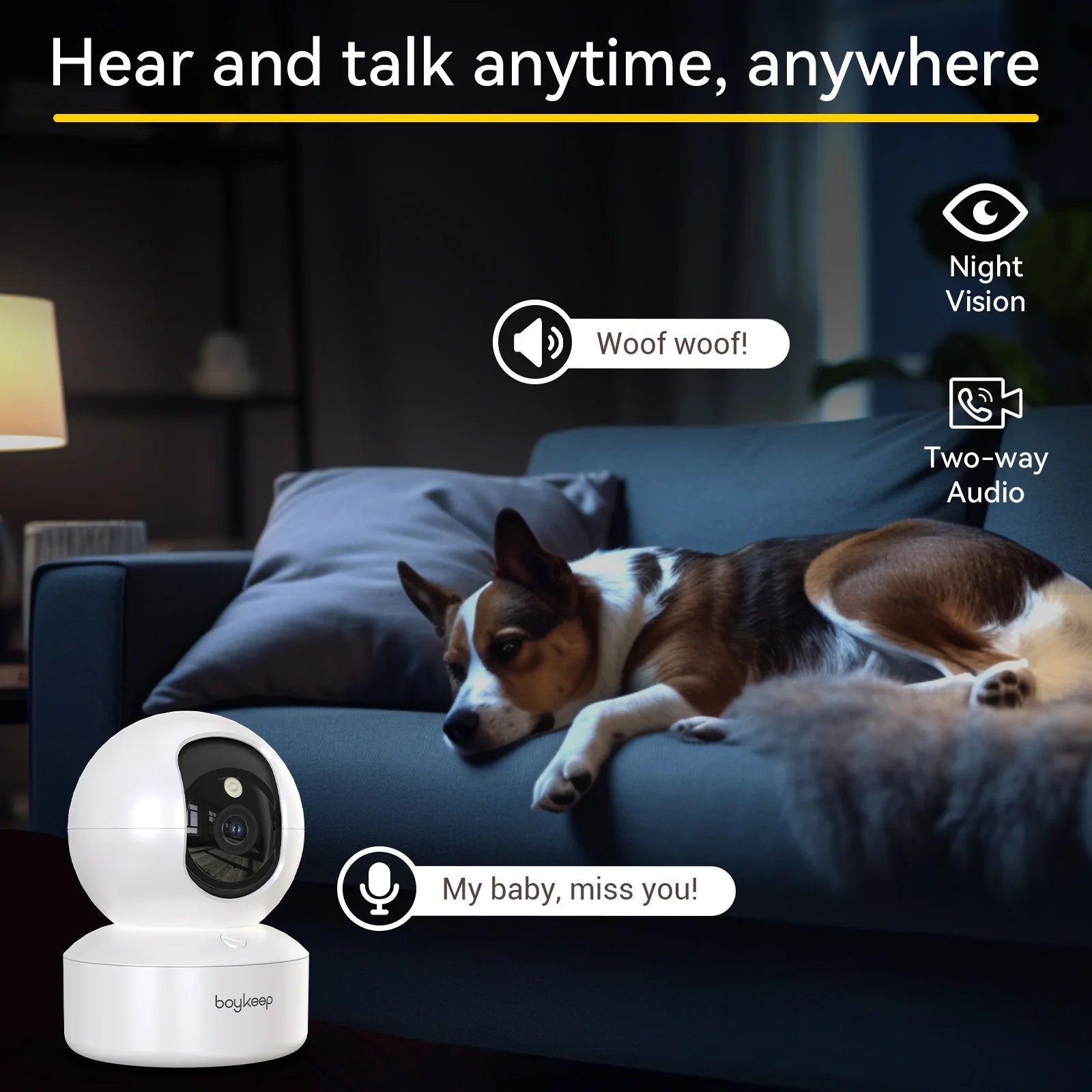 Cámara de seguridad para mascotas Boykeep 2K con aplicación para teléfono, WiFi 5G/2.4GHz para interiores, giro e inclinación de 360°, audio bidireccional, visión nocturna.