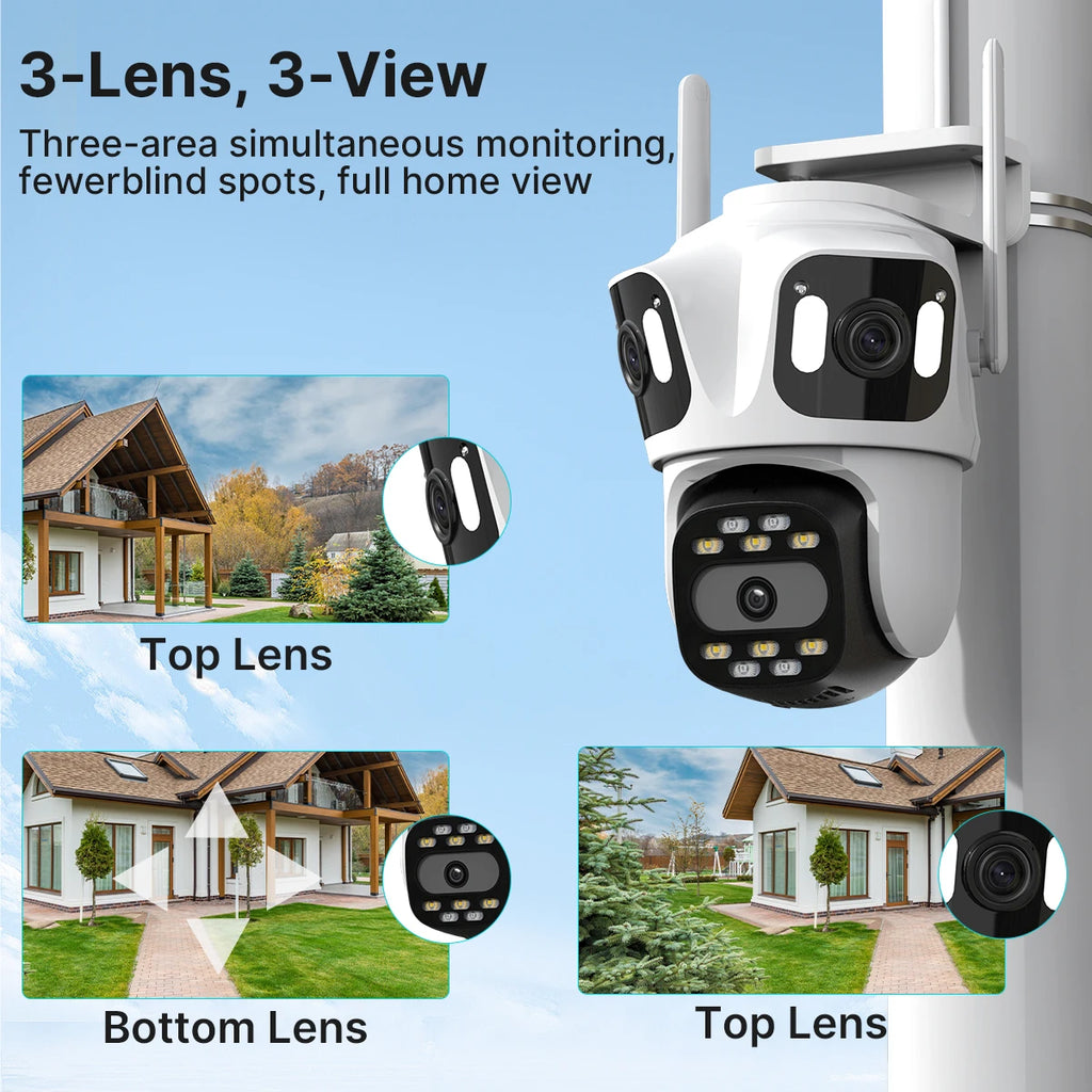 Cámara IP PTZ de tres lentes para exteriores, HD, con tres pantallas, WiFi, seguimiento automático y doble lente, CCTV inalámbrica iCsee