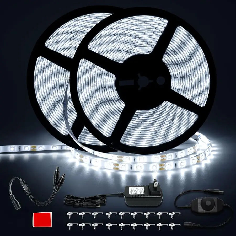 Tiras de luces LED impermeables, luz blanca diurna de 6000K IP44, tira de luz de 15M 12V con fuerte adhesivo 3M, para el hogar, cocina, patio.
