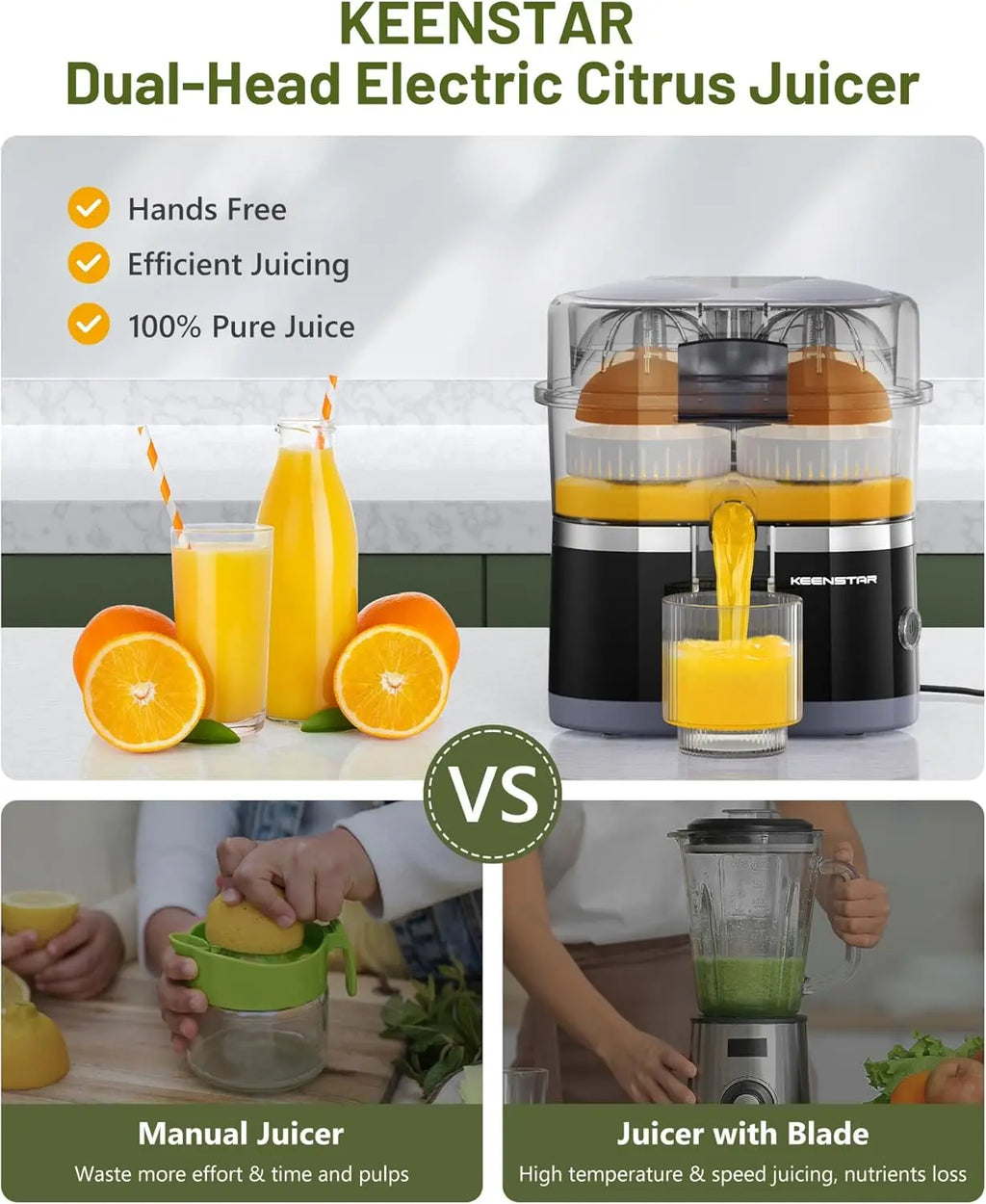 Exprimidor eléctrico de cítricos, exprimidor de naranjas de doble cabezal con cepillo de limpieza para limón y pomelo, alto rendimiento, fácil de limpiar.
