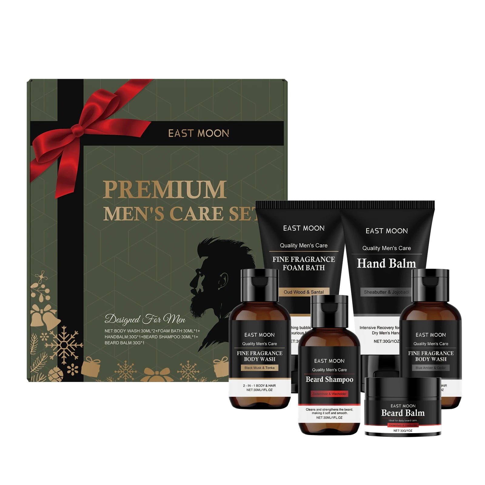 Set de cuidado personal para hombre: champú y bálsamo para barba, gel de ducha, bálsamo para manos. Set de regalo de Navidad para hombre. Caja de cuidado nutritivo para la piel.