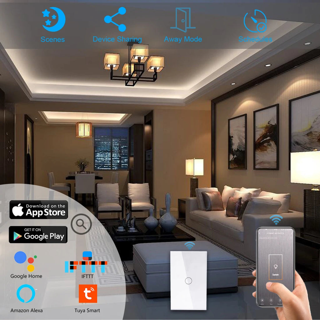Interruptor de luz inteligente Tuya WiFi para EE. UU. Cable neutro/No requiere cable neutro Interruptor táctil de pared tipo 120 Funciona con Alexa, Google Home