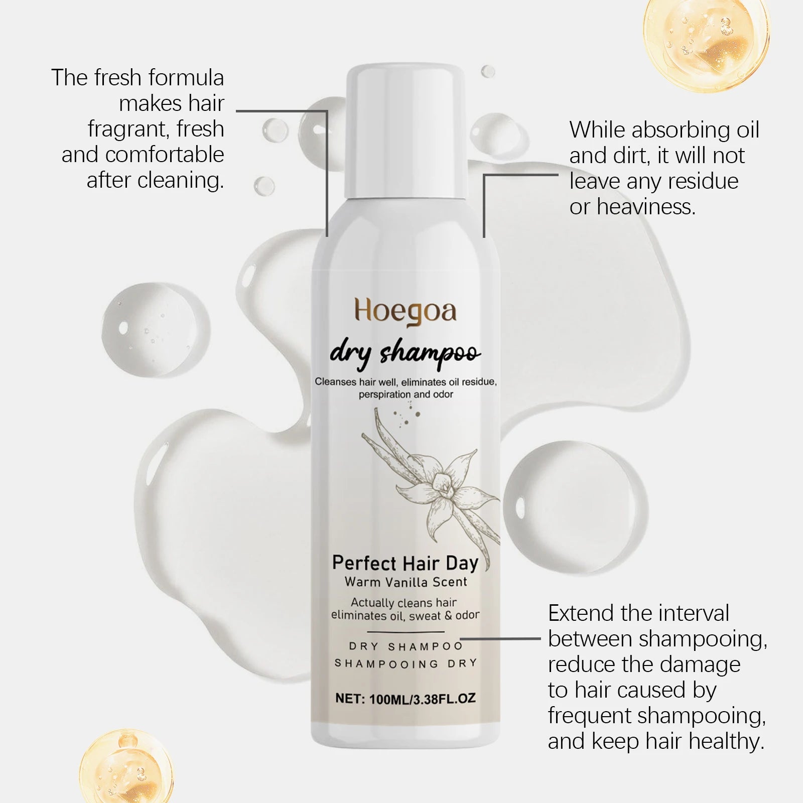 Spray capilar seco de vainilla: controla la grasa, deja el cabello esponjoso y ligero, aporta volumen, fortalece el cabello y nutre el cuero cabelludo. Champú seco sin enjuague.