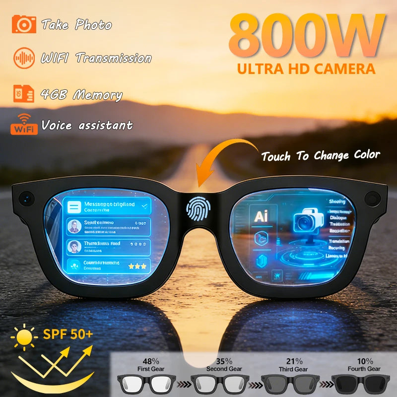 Gafas inteligentes 2026 con fotos y vídeos HD, OpenAI, grabación, traducción, táctiles, lentes fotocromáticas, Bluetooth, llamadas, música y funciones multifunción.