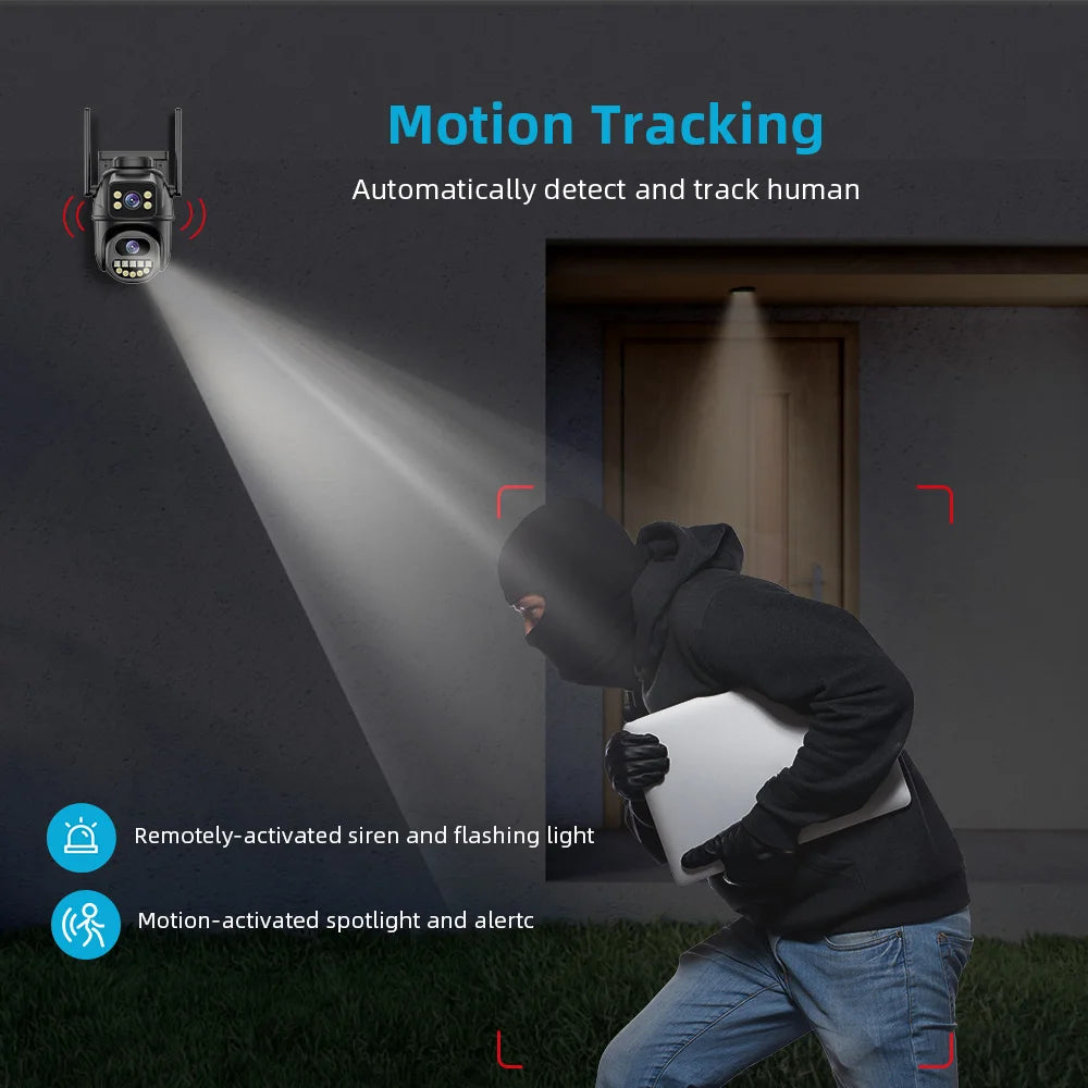 Cámara PTZ Wifi HD 4K de 8 MP para exteriores, doble lente de 4 MP, doble pantalla, IA, seguimiento automático, cámara IP, CCTV, audio y videovigilancia P2P iCSee