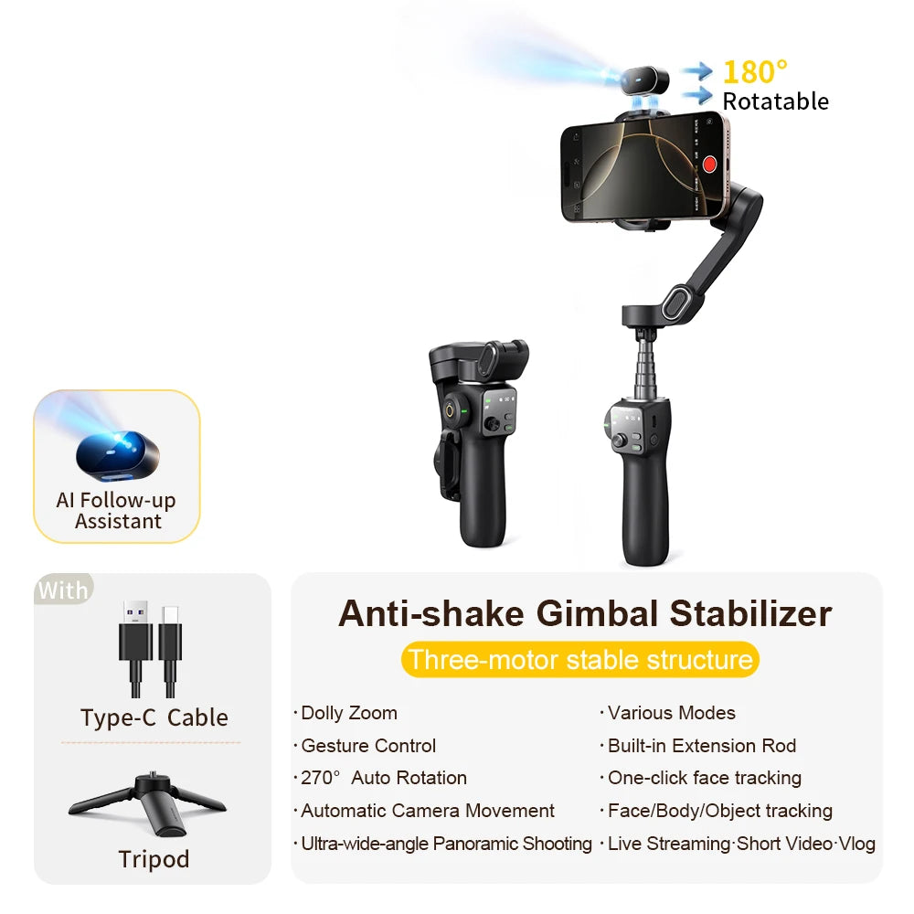 Estabilizador de cardán de mano de 3 ejes AOCHUAN Smart V8 con trípode de extensión y seguimiento facial para iPhone y Android, ideal para transmisiones en vivo y vlogs.