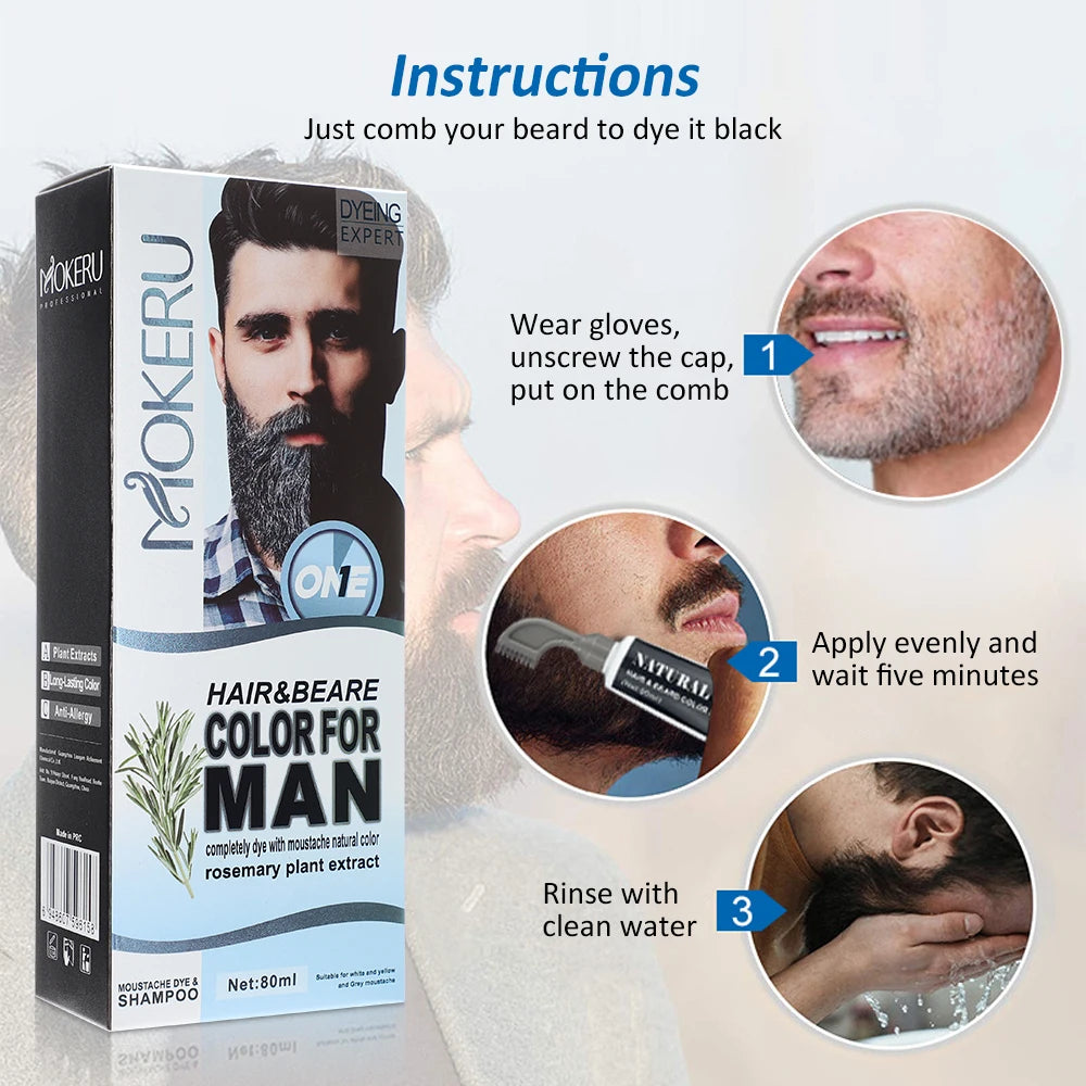 1 juego de crema para teñir la barba negra en 3 minutos con peine, 80 ml, champú de romero natural para teñir la barba negra, crema de tinte instantáneo para el cabello.