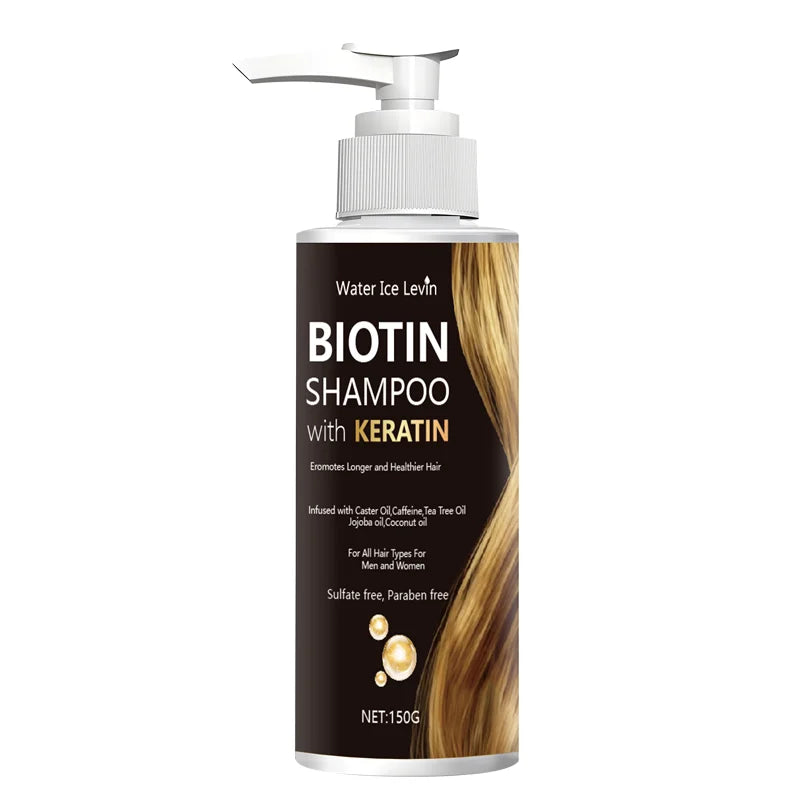 Champú Water Ice Levin con biotina y queratina, sin sulfatos ni parabenos, con aceites nutritivos, para un cabello más largo y saludable, apto para todo tipo de cabello.