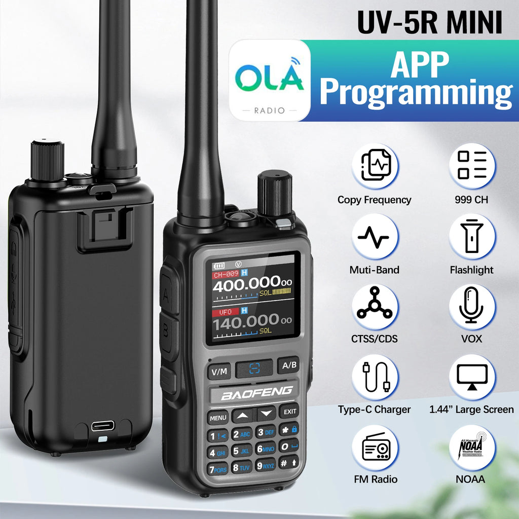 Paquete de 4 walkie-talkies BAOFENG UV-5R MINI Bluetooth programables, radioaficionados, portátiles, de largo alcance, tipo C, doble PTT, multibanda.
