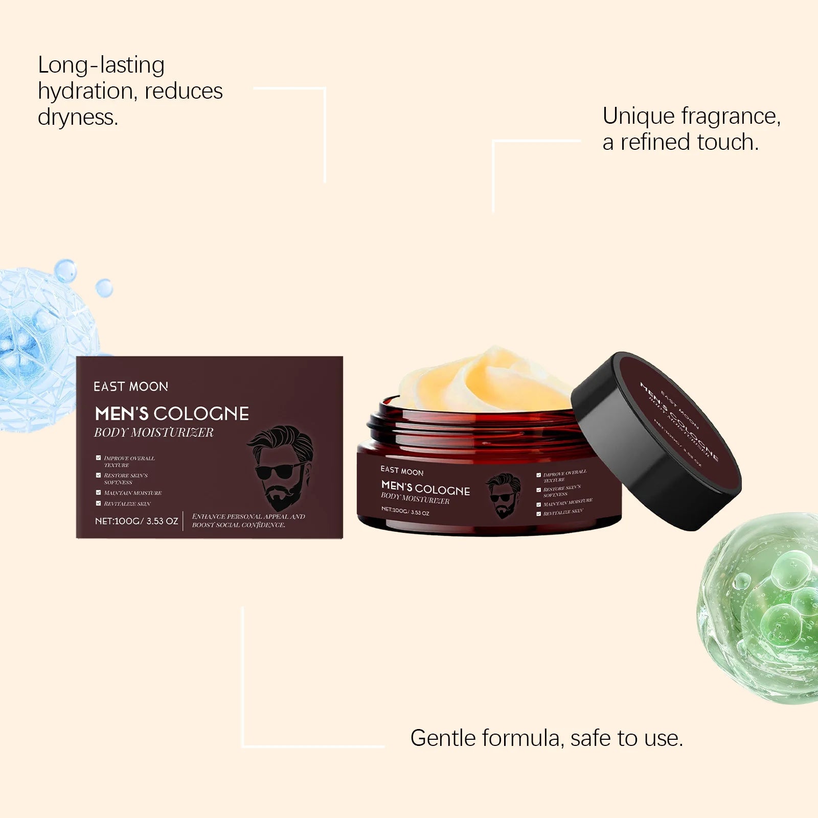 Loción corporal hidratante con aroma a madera, nutrición profunda, rápida absorción y no grasa para el cuidado de la piel.